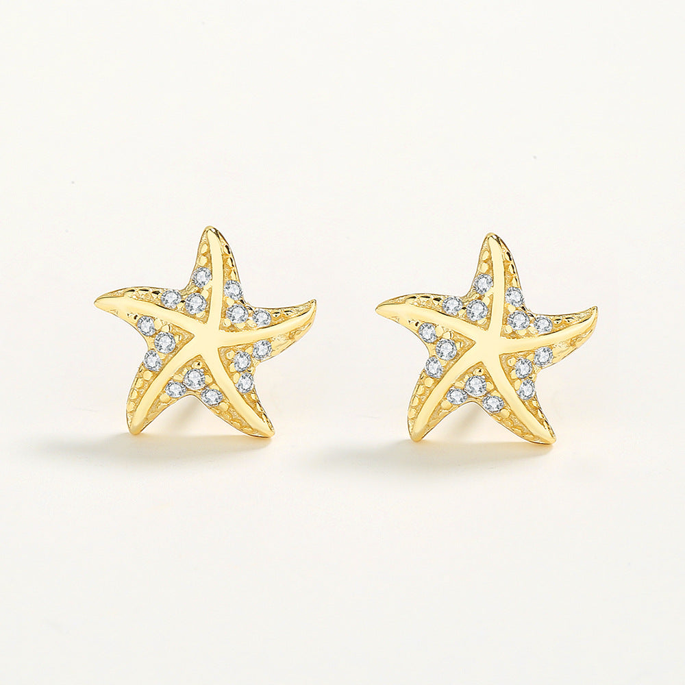 Sterling Silver Starfish Stud Earrings with C/Z 14K Yellow Gold Plated Earrings