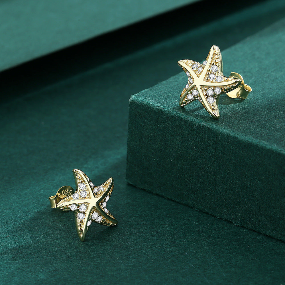 Sterling Silver Starfish Stud Earrings with C/Z 14K Yellow Gold Plated Earrings