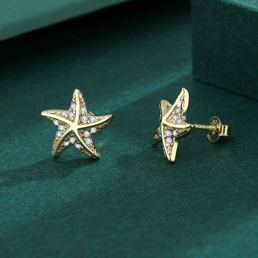 Sterling Silver Starfish Stud Earrings with C/Z 14K Yellow Gold Plated Earrings