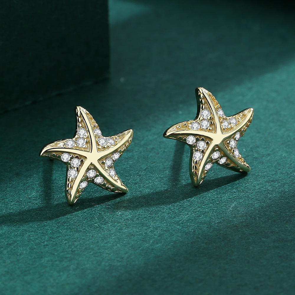 Sterling Silver Starfish Stud Earrings with C/Z 14K Yellow Gold Plated Earrings