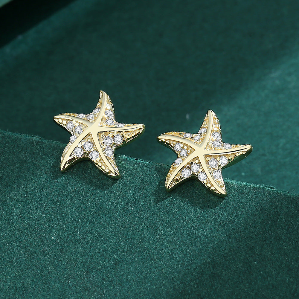 Sterling Silver Starfish Stud Earrings with C/Z 14K Yellow Gold Plated Earrings