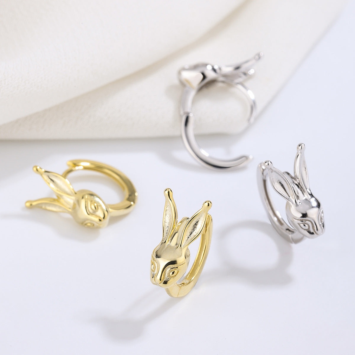 Sterling Silver Rabbit Huggies Earrings with Cubic Zirconia Gold Plated