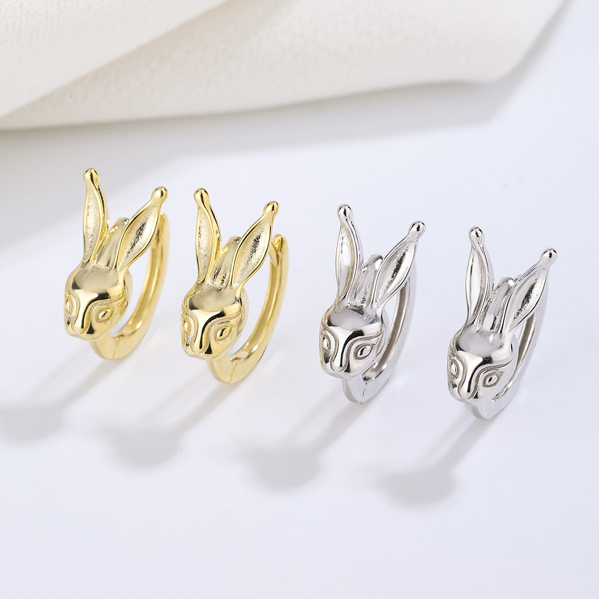 Sterling Silver Rabbit Huggies Earrings with Cubic Zirconia Gold Plated