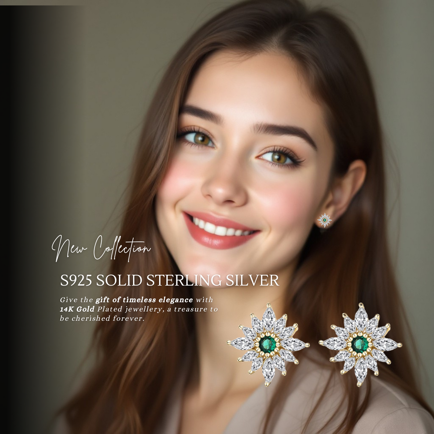 S925 Sterling Silver Emerald Flower Stud Earrings 14mm with C/Z 14K Yellow Gold Plated