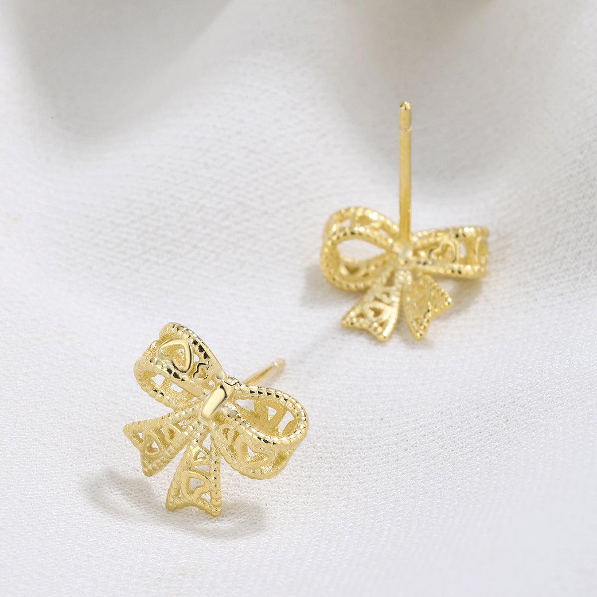 Sterling Silver Ribbon Bow Stud Earrings 14K Yellow Gold Plated S925 Hallmark