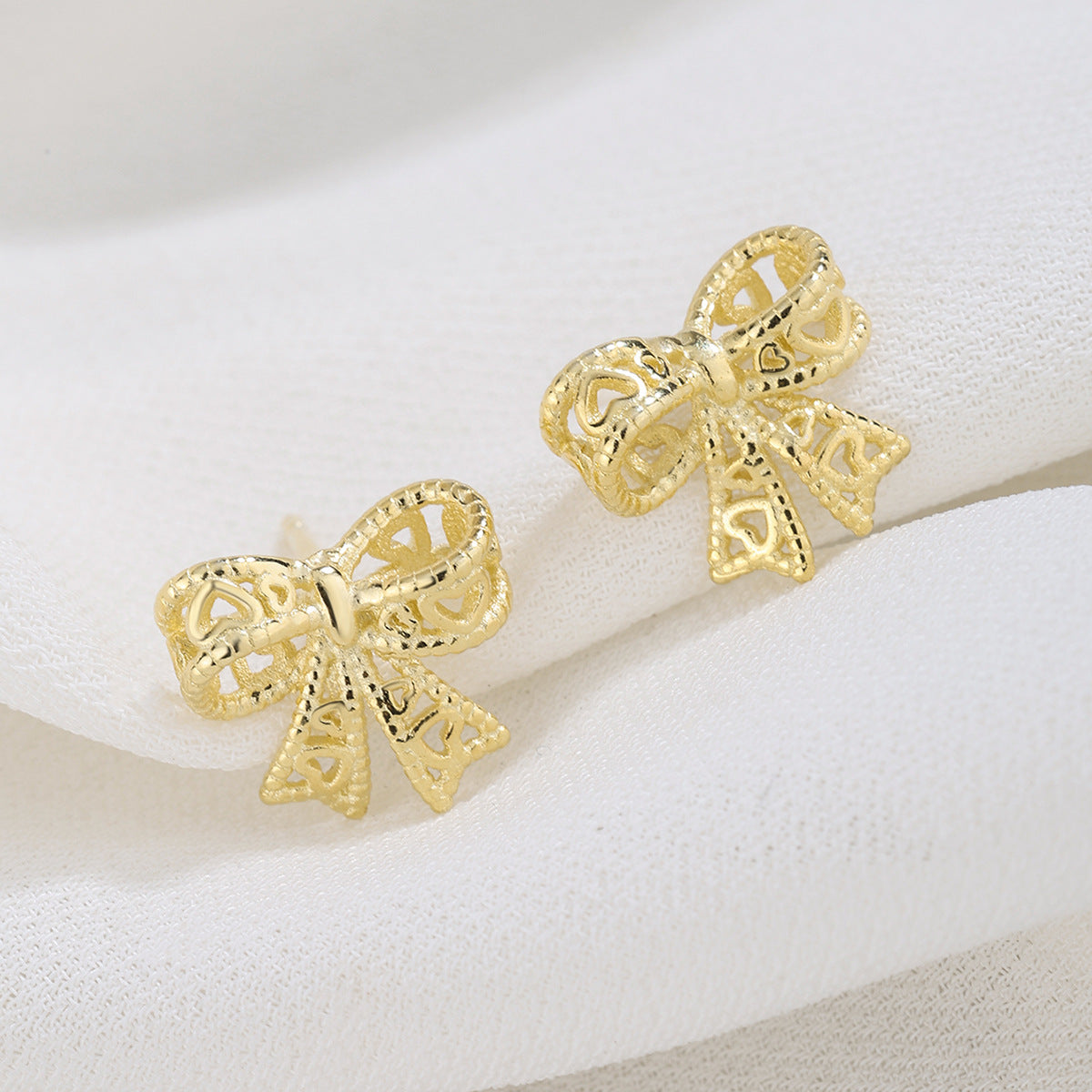 Sterling Silver Ribbon Bow Stud Earrings 14K Yellow Gold Plated S925 Hallmark