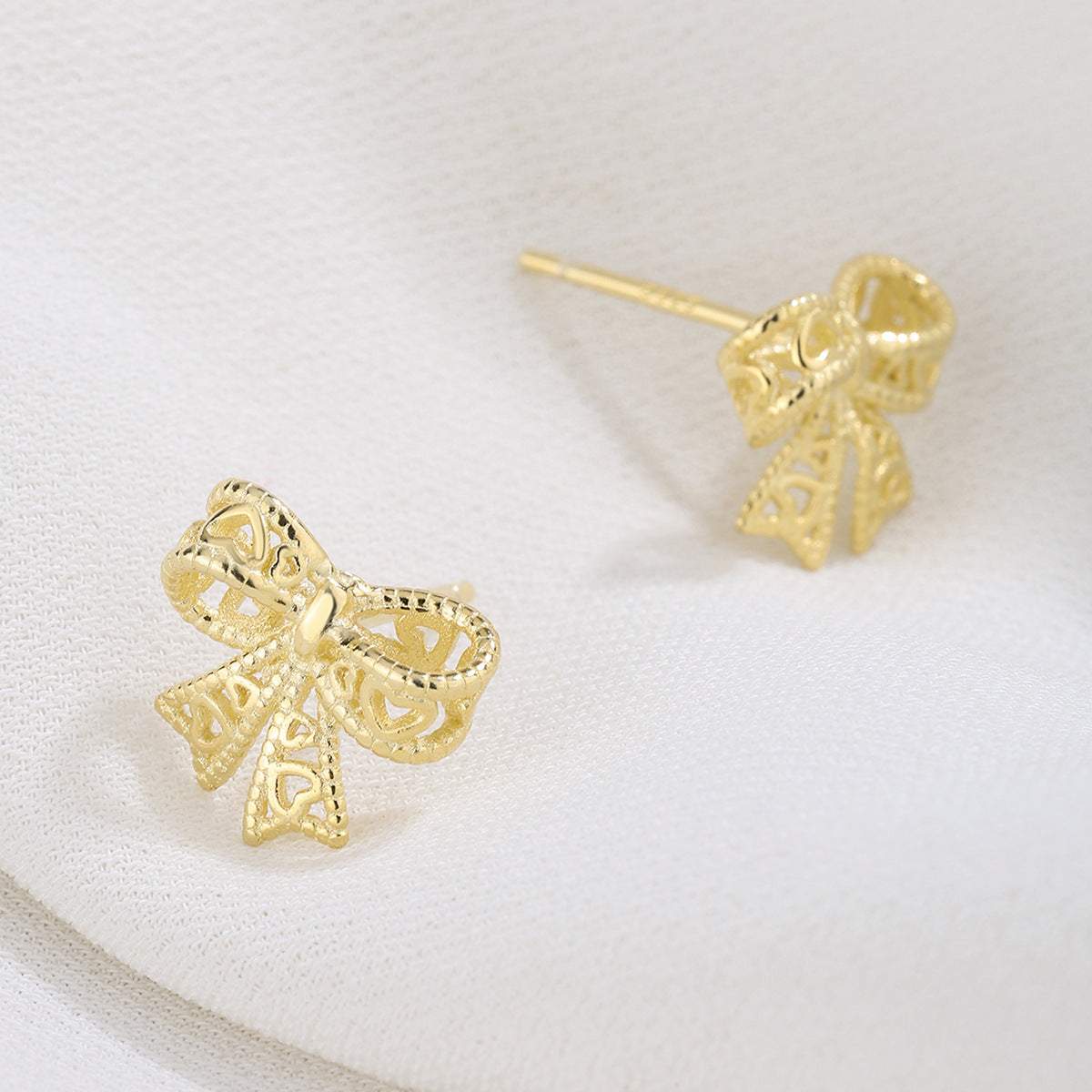 Sterling Silver Ribbon Bow Stud Earrings 14K Yellow Gold Plated S925 Hallmark