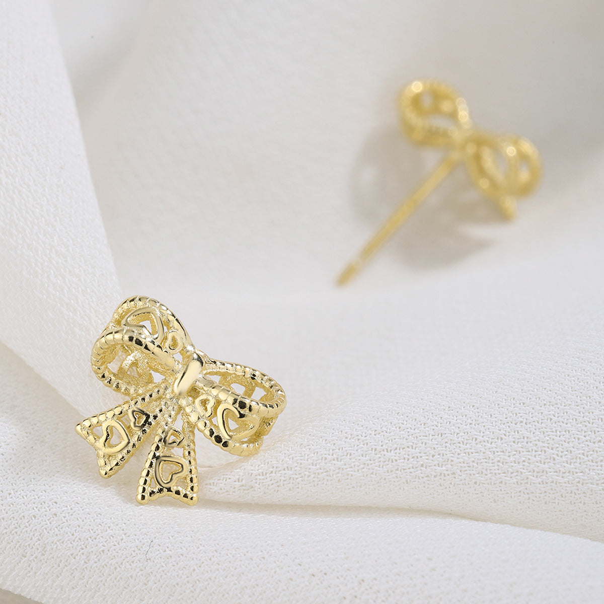 Sterling Silver Ribbon Bow Stud Earrings 14K Yellow Gold Plated S925 Hallmark