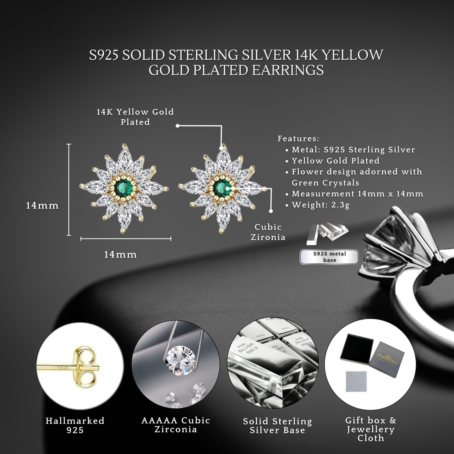 S925 Sterling Silver Emerald Flower Stud Earrings 14mm with C/Z 14K Yellow Gold Plated
