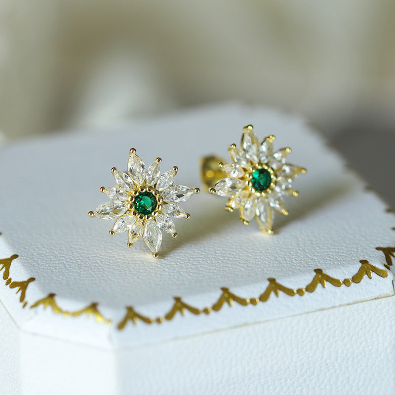 S925 Sterling Silver Emerald Flower Stud Earrings 14mm with C/Z 14K Yellow Gold Plated