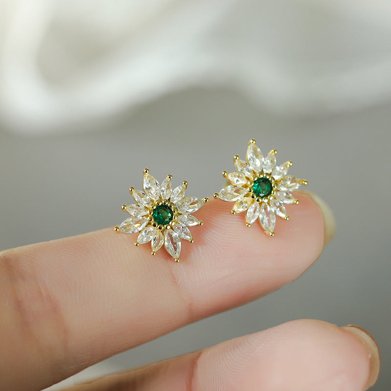 S925 Sterling Silver Emerald Flower Stud Earrings 14mm with C/Z 14K Yellow Gold Plated