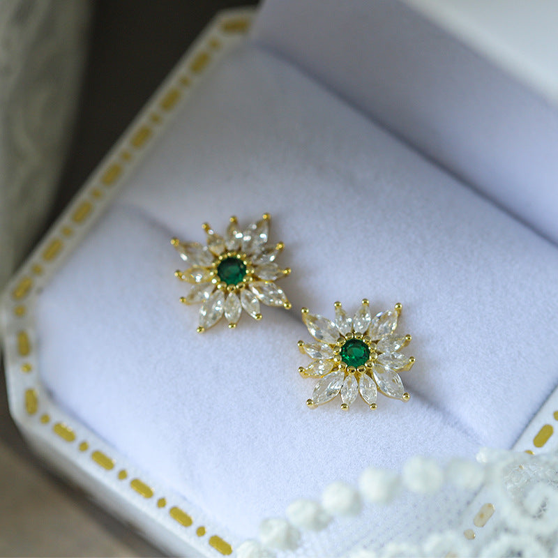 S925 Sterling Silver Emerald Flower Stud Earrings 14mm with C/Z 14K Yellow Gold Plated