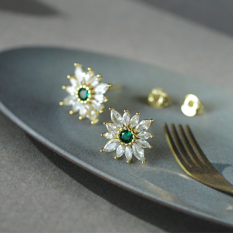 S925 Sterling Silver Emerald Flower Stud Earrings 14mm with C/Z 14K Yellow Gold Plated