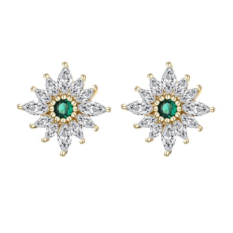 S925 Sterling Silver Emerald Flower Stud Earrings 14mm with C/Z 14K Yellow Gold Plated