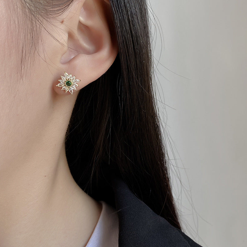 S925 Sterling Silver Emerald Flower Stud Earrings 14mm with C/Z 14K Yellow Gold Plated