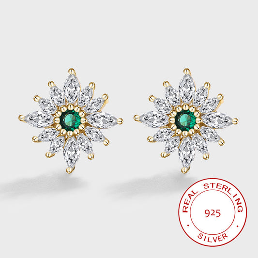 S925 Sterling Silver Emerald Flower Stud Earrings 14mm with C/Z 14K Yellow Gold Plated