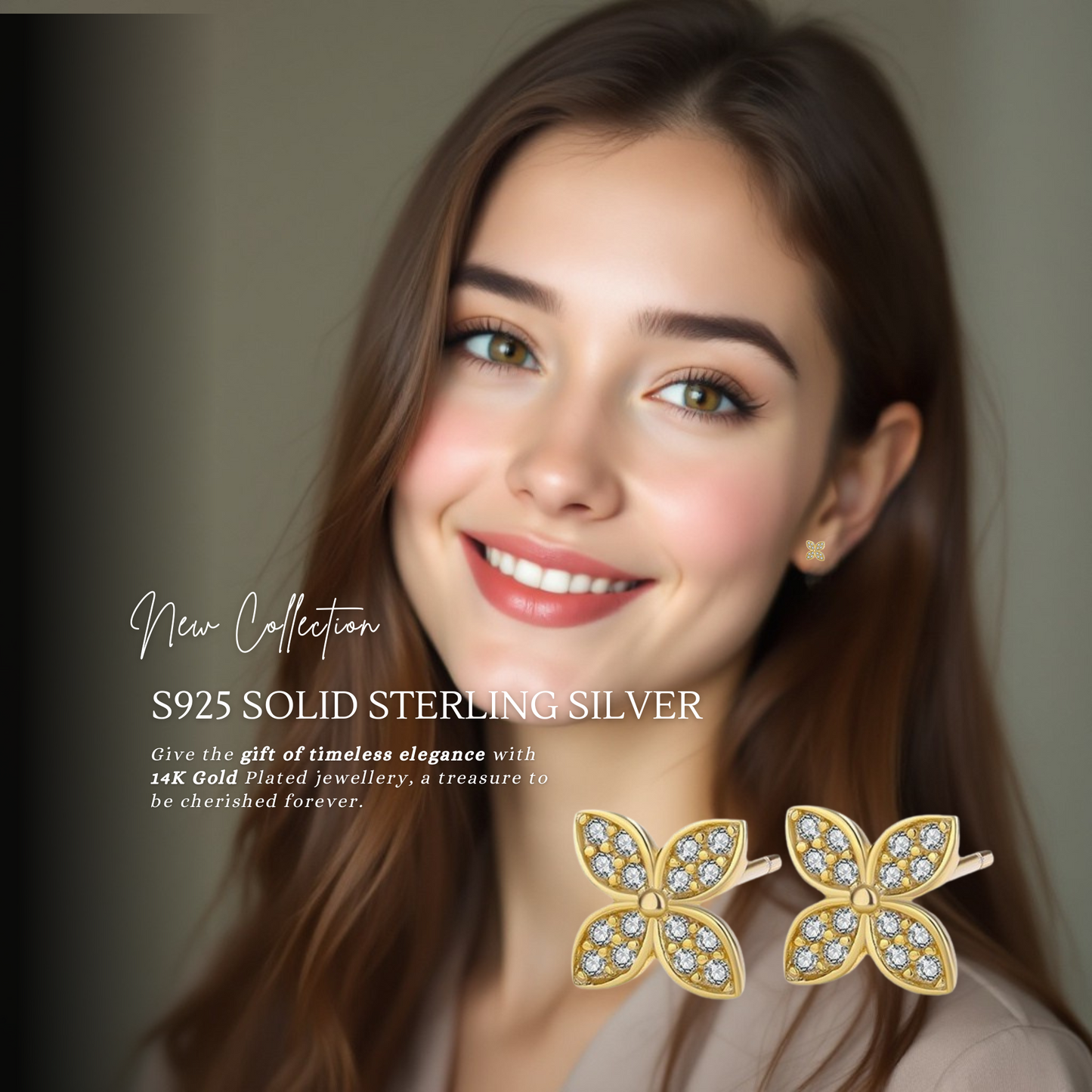 Sterling Silver Golden Clover Delights Studs 6mm x 6mm 14K Yellow Gold Plated C/Z Stud Earrings