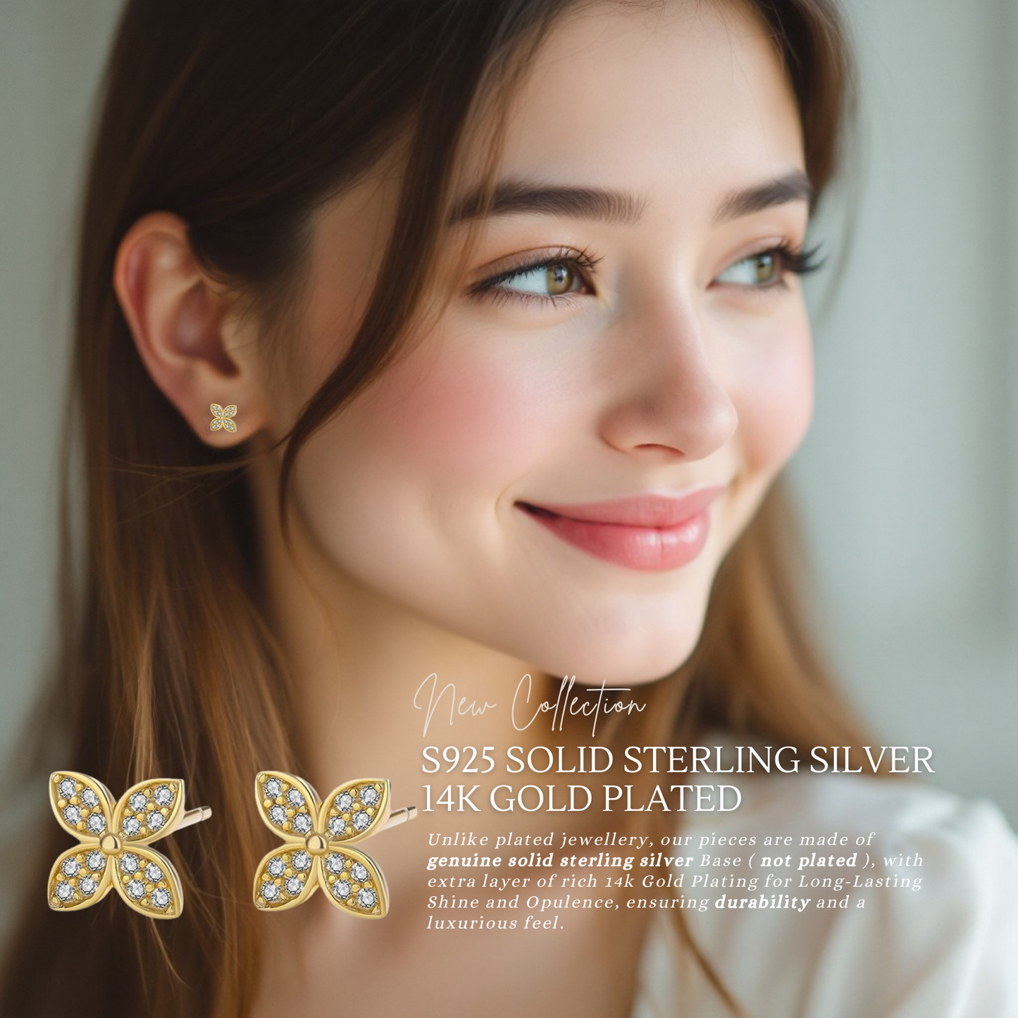 Sterling Silver Golden Clover Delights Studs 6mm x 6mm 14K Yellow Gold Plated C/Z Stud Earrings