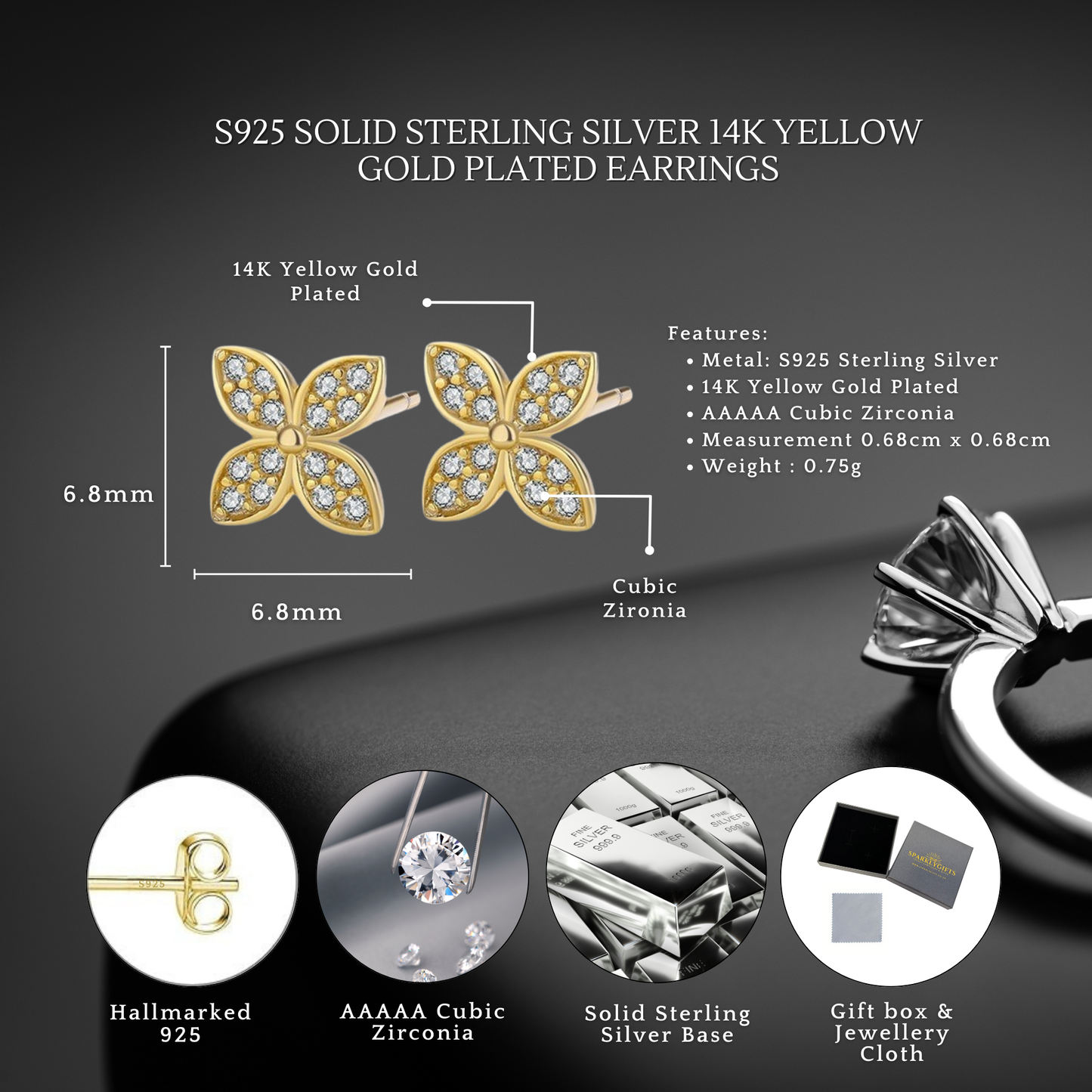 Sterling Silver Golden Clover Delights Studs 6mm x 6mm 14K Yellow Gold Plated C/Z Stud Earrings