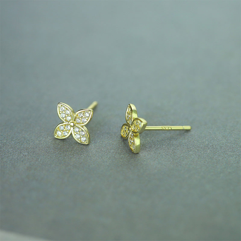 Sterling Silver Golden Clover Delights Studs 6mm x 6mm 14K Yellow Gold Plated C/Z Stud Earrings