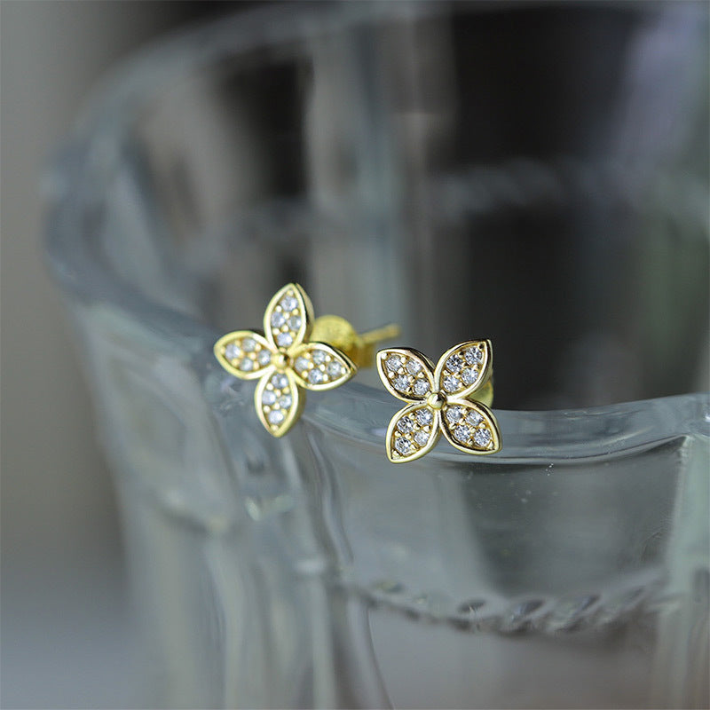 Sterling Silver Golden Clover Delights Studs 6mm x 6mm 14K Yellow Gold Plated C/Z Stud Earrings