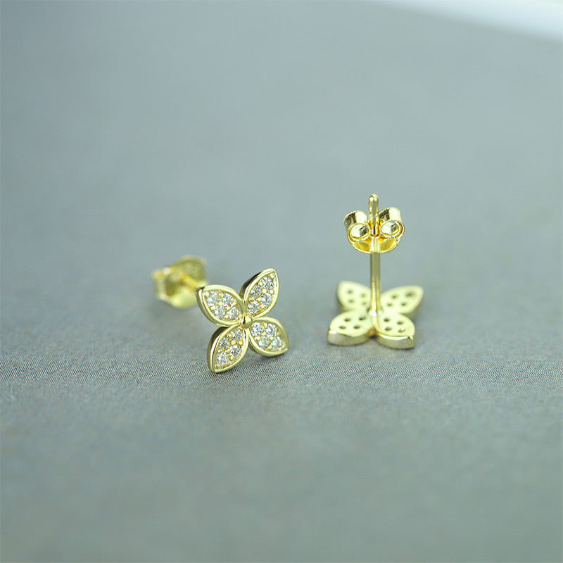 Sterling Silver Golden Clover Delights Studs 6mm x 6mm 14K Yellow Gold Plated C/Z Stud Earrings