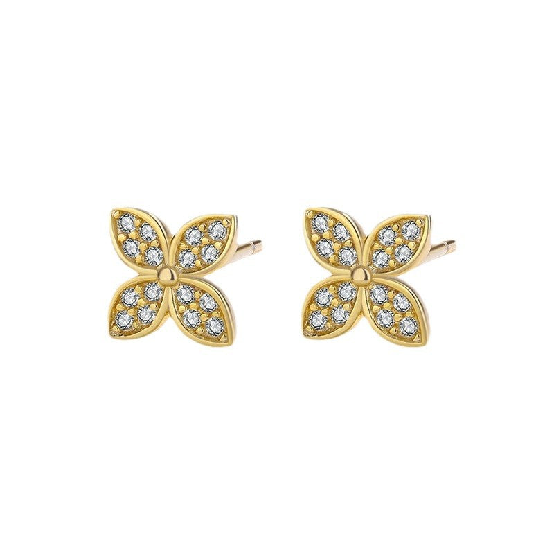 Sterling Silver Golden Clover Delights Studs 6mm x 6mm 14K Yellow Gold Plated C/Z Stud Earrings