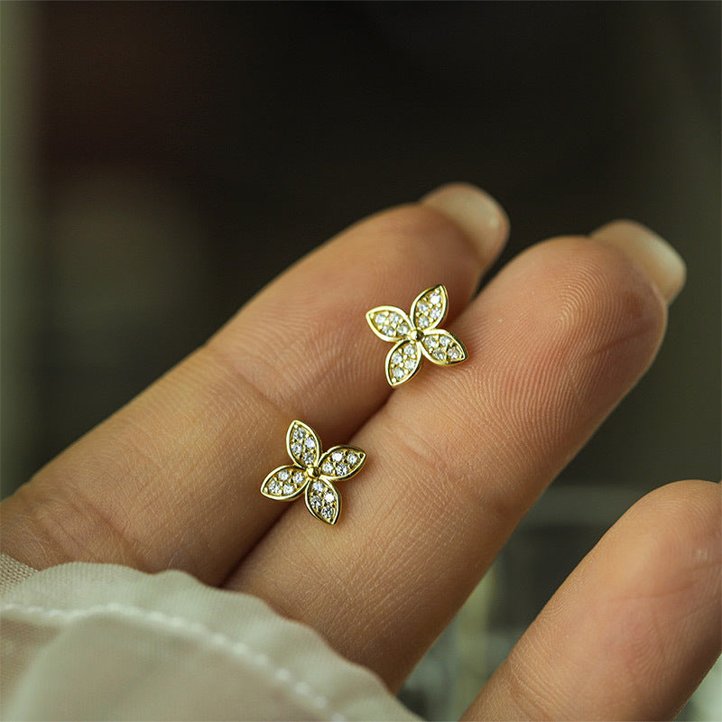Sterling Silver Golden Clover Delights Studs 6mm x 6mm 14K Yellow Gold Plated C/Z Stud Earrings