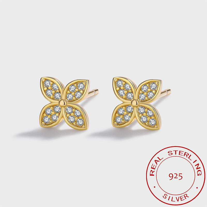 Sterling Silver Golden Clover Delights Studs 6mm x 6mm 14K Yellow Gold Plated C/Z Stud Earrings