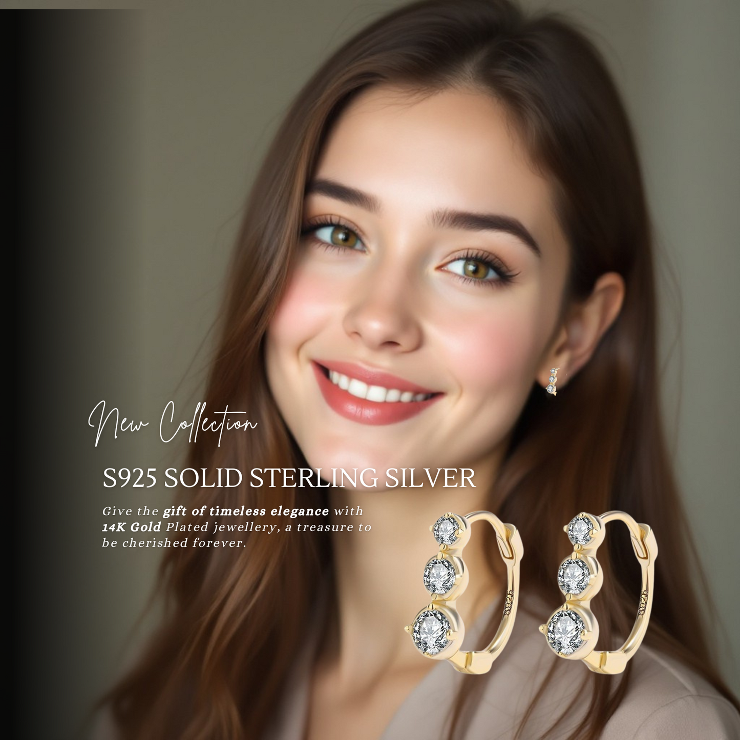 Sterling Silver Triple Sparkle 14K Yellow Gold Plated C/Z Hoop Earrings