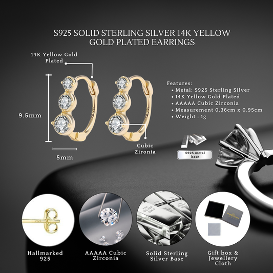 Sterling Silver Triple Sparkle 14K Yellow Gold Plated C/Z Hoop Earrings