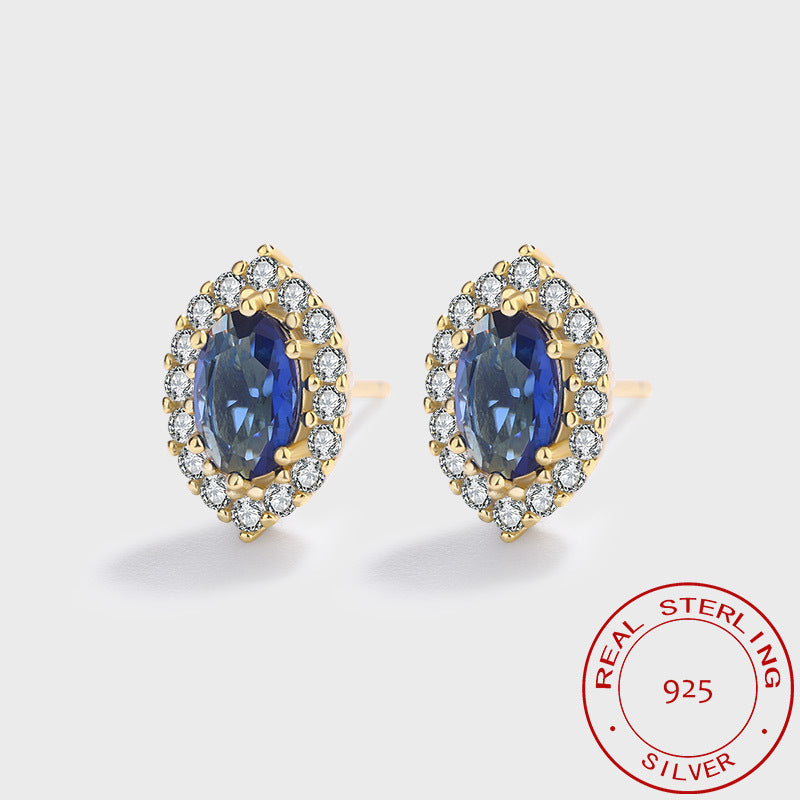 S925 Sterling Silver Regal Blue C/Z 14K Yellow Gold Plated Stud Earrings