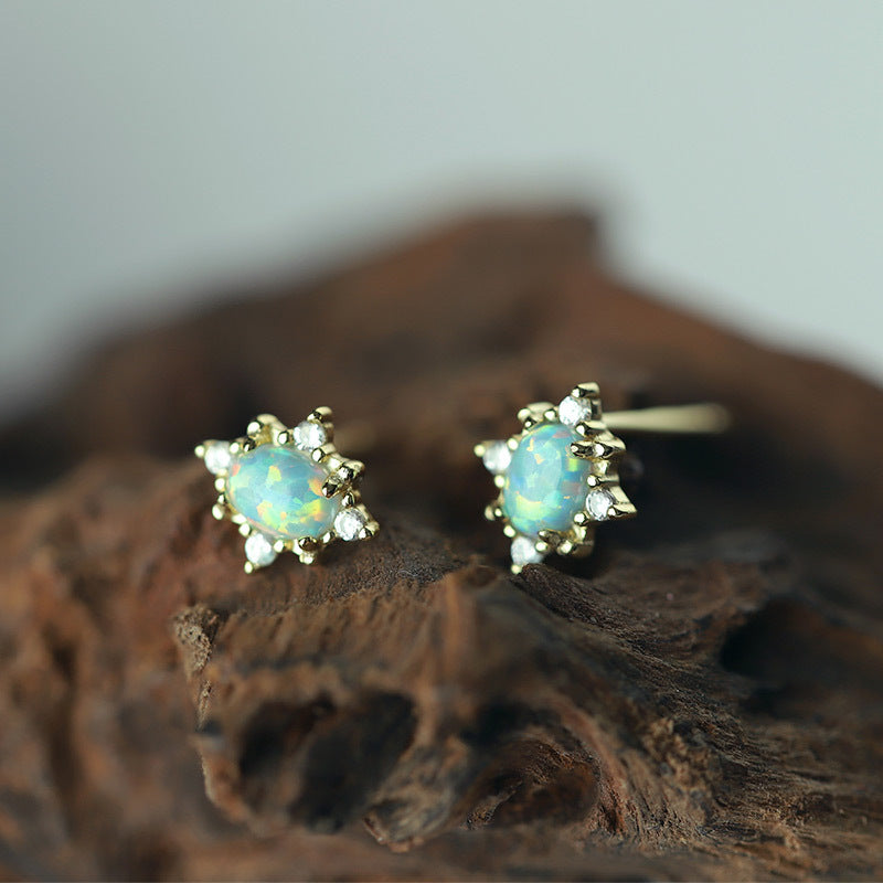 Sterling Silver Opal Starburst Stud Earrings 14K Yellow Gold Plated S925 Hallmark