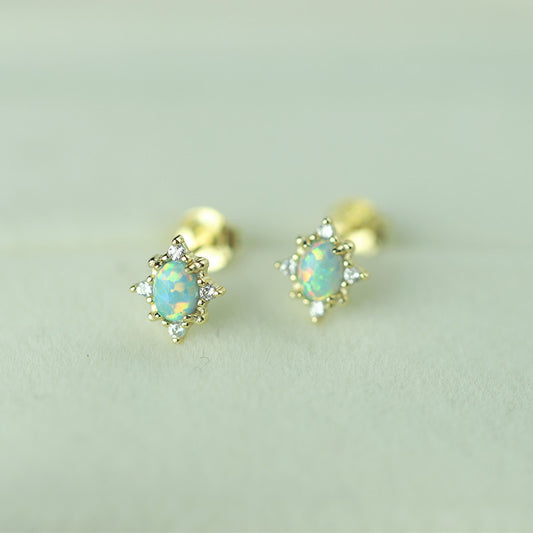 Sterling Silver Opal Starburst Stud Earrings 14K Yellow Gold Plated S925 Hallmark