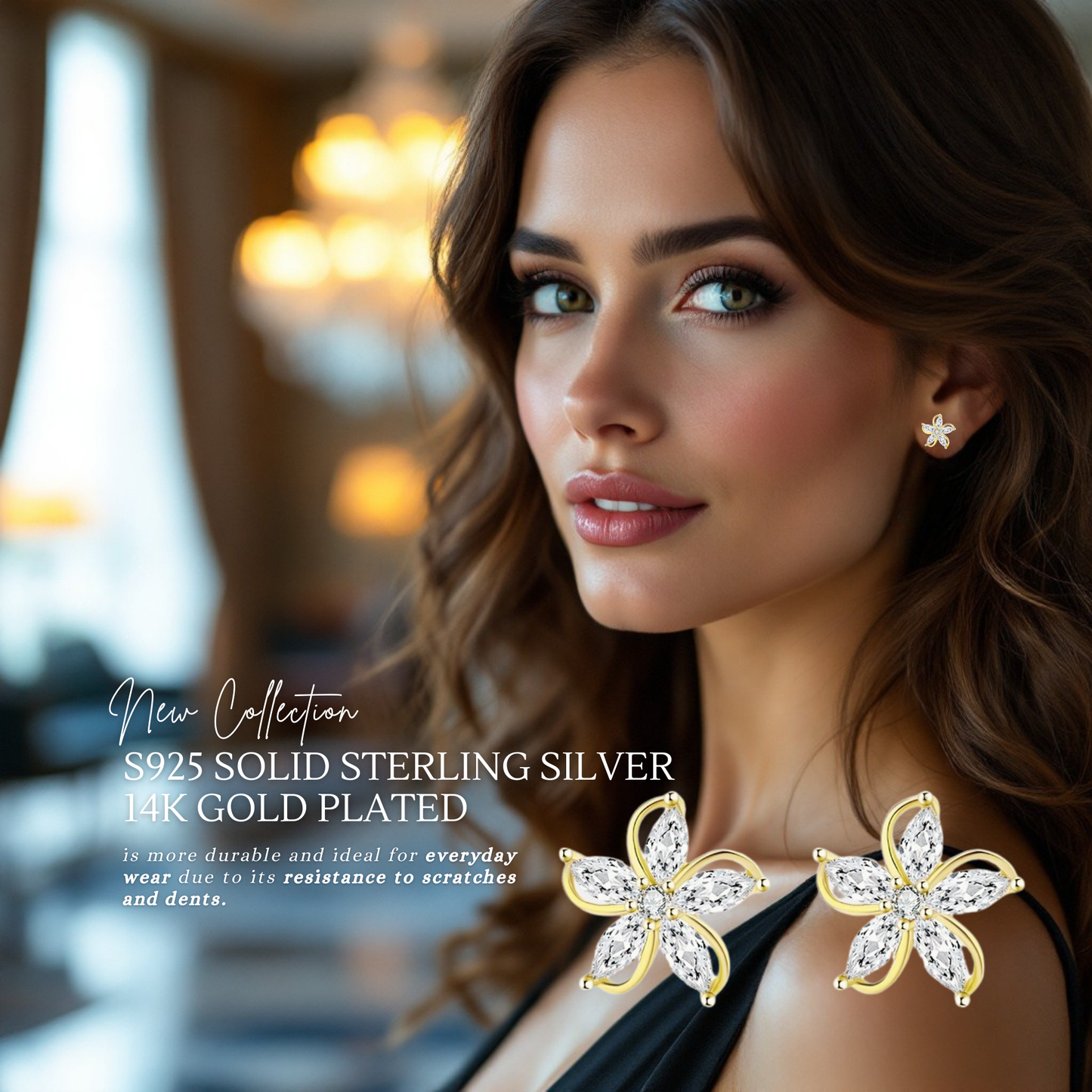 S925 Sterling Silver Marquise Flower Studs C/Z Stud Earrings