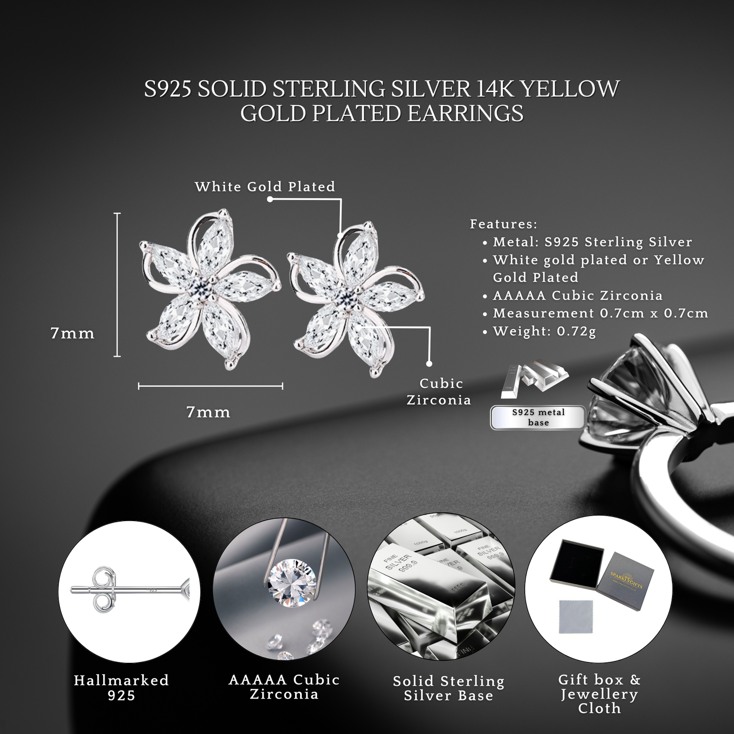 S925 Sterling Silver Marquise Flower Studs C/Z Stud Earrings
