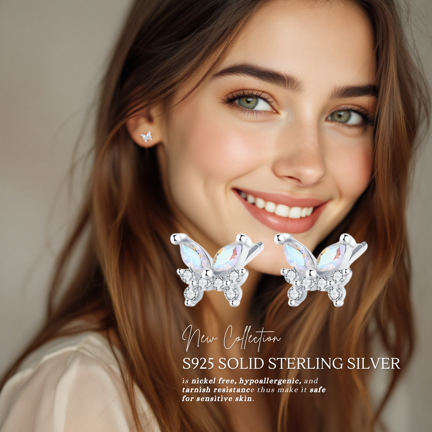 Sterling Silver Shimmering Butterfly with C/Z Stud Earrings
