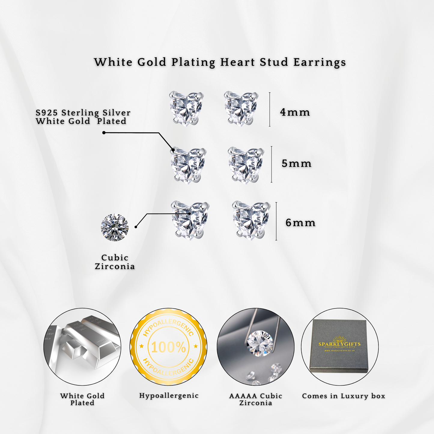 Sterling Silver Heartfelt Stud Earrings 4mm 5mm 6mm S925 Hallmark