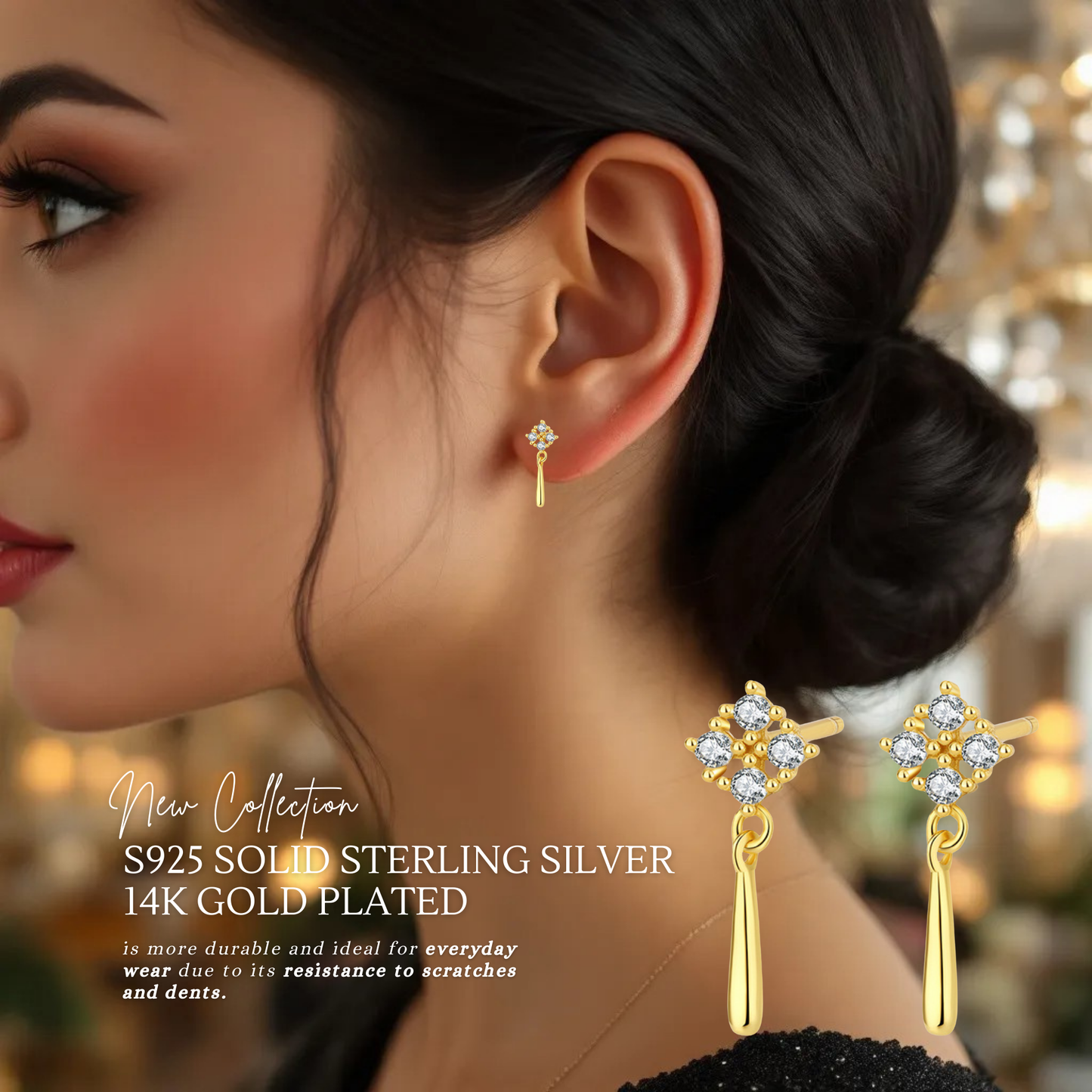 Sterling Silver Dangling C/Z Cluster 14K Yellow Gold Plated Drop Earrings