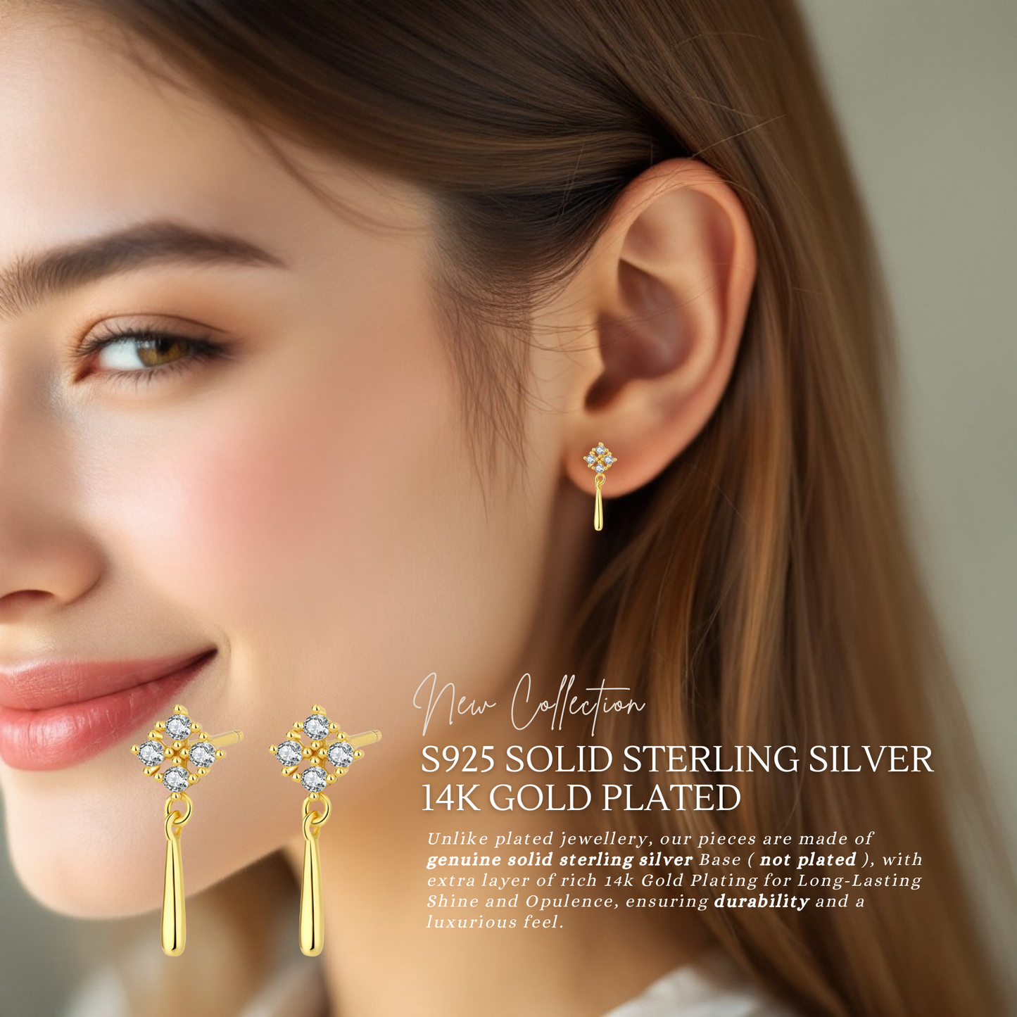 Sterling Silver Dangling C/Z Cluster 14K Yellow Gold Plated Drop Earrings