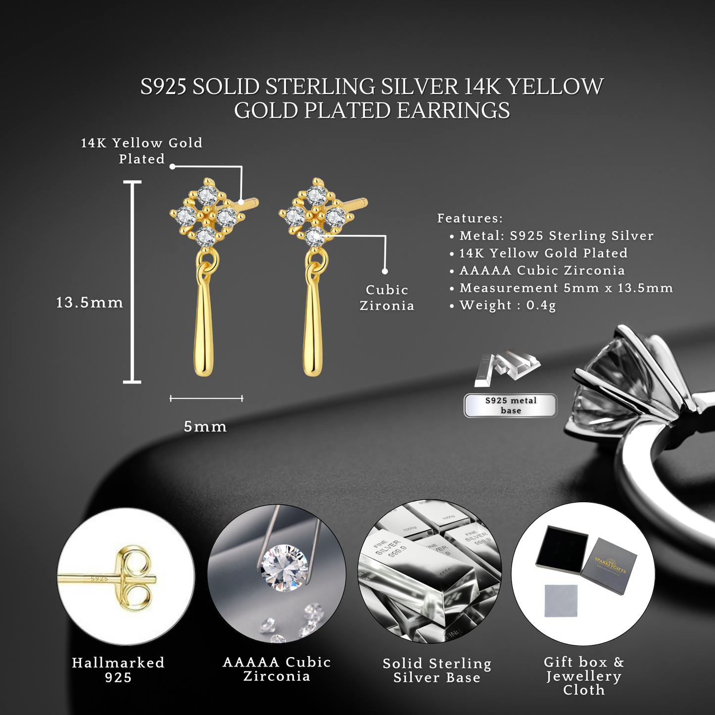 Sterling Silver Dangling C/Z Cluster 14K Yellow Gold Plated Drop Earrings