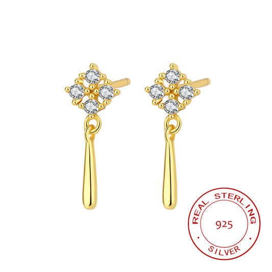 Sterling Silver Dangling C/Z Cluster 14K Yellow Gold Plated Drop Earrings