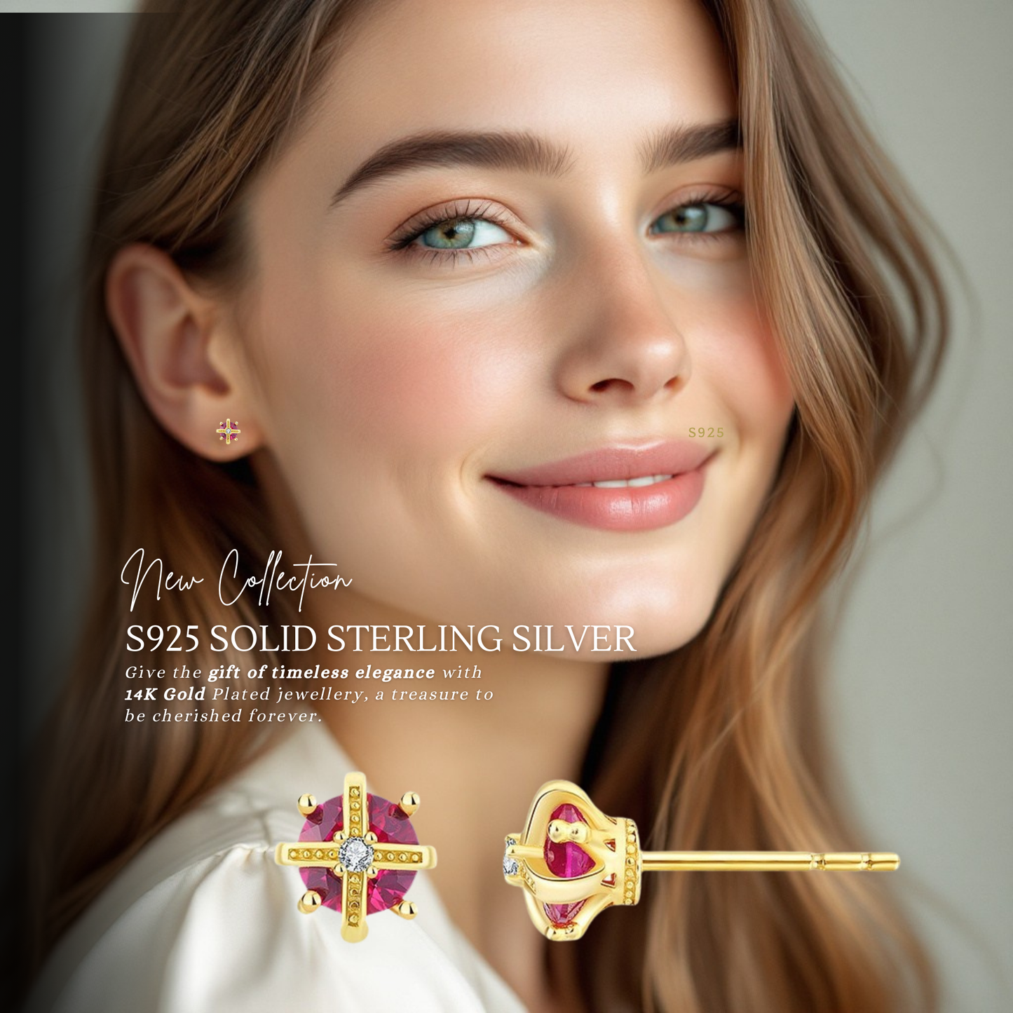 Sterling Silver Regal Crown C/Z Stud Earrings 14K Yellow Gold Plated Earrings