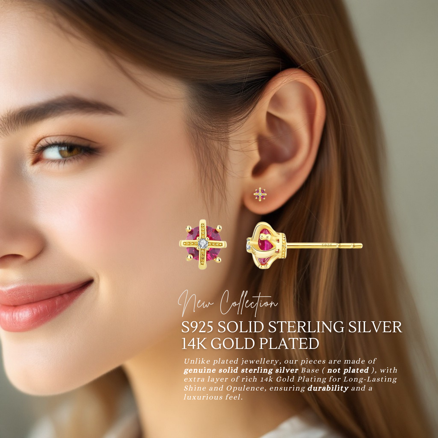Sterling Silver Regal Crown C/Z Stud Earrings 14K Yellow Gold Plated Earrings