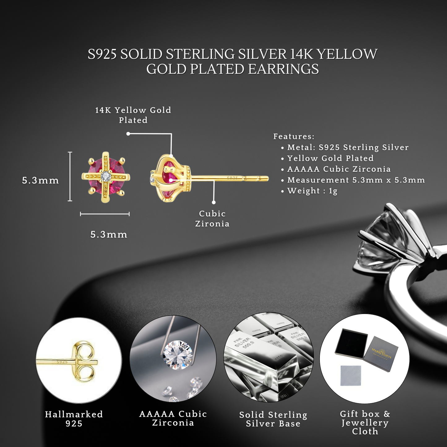 Sterling Silver Regal Crown C/Z Stud Earrings 14K Yellow Gold Plated Earrings