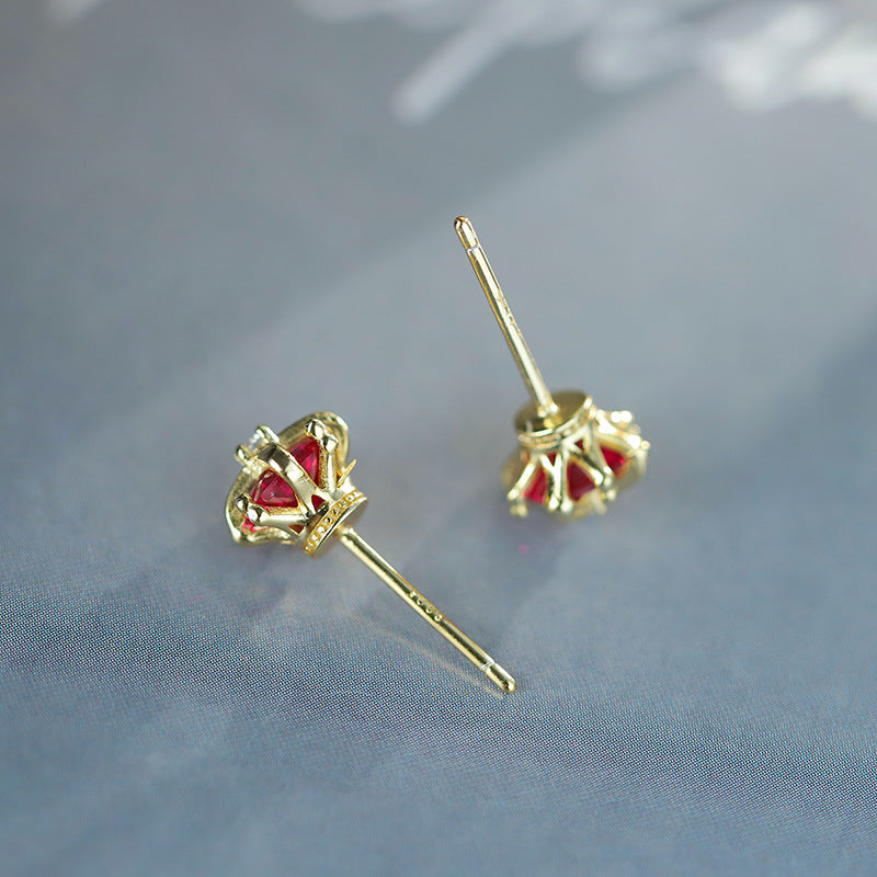 Sterling Silver Regal Crown C/Z Stud Earrings 14K Yellow Gold Plated Earrings