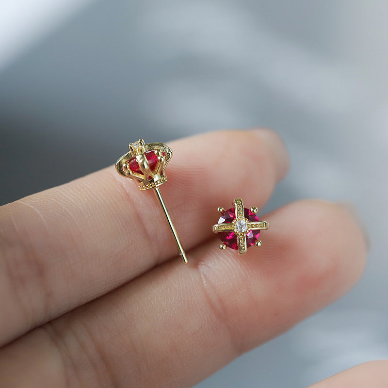 Sterling Silver Regal Crown C/Z Stud Earrings 14K Yellow Gold Plated Earrings