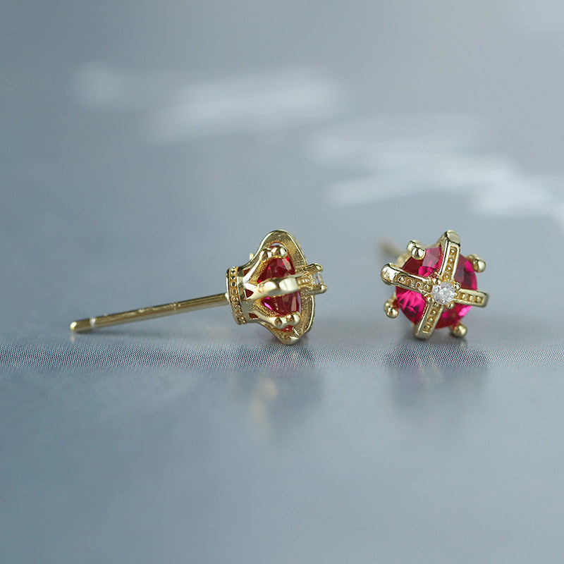 Sterling Silver Regal Crown C/Z Stud Earrings 14K Yellow Gold Plated Earrings
