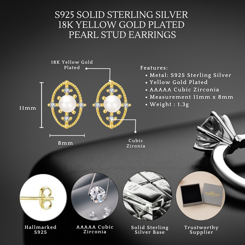 Sterling Silver Pearl & C/Z Stud Earrings 18K Yellow Gold Plated Earrings