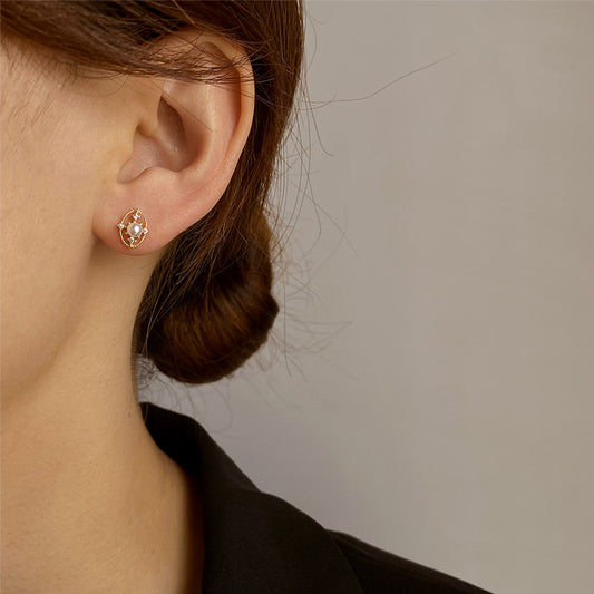 Sterling Silver Pearl & C/Z Stud Earrings 14K Yellow Gold Plated Earrings